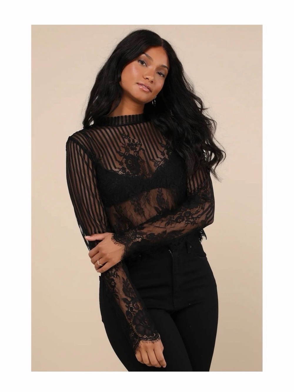 Lulu’s Sheer Lace Long-Sleeve Top - Black